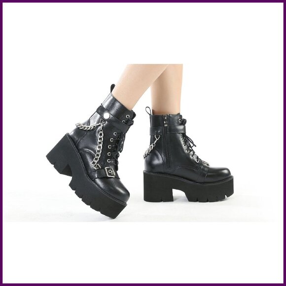 Platform Combat Boots, Lace Up Gothic Ankle Boots, Chunky Heel - Picture 8 of 8